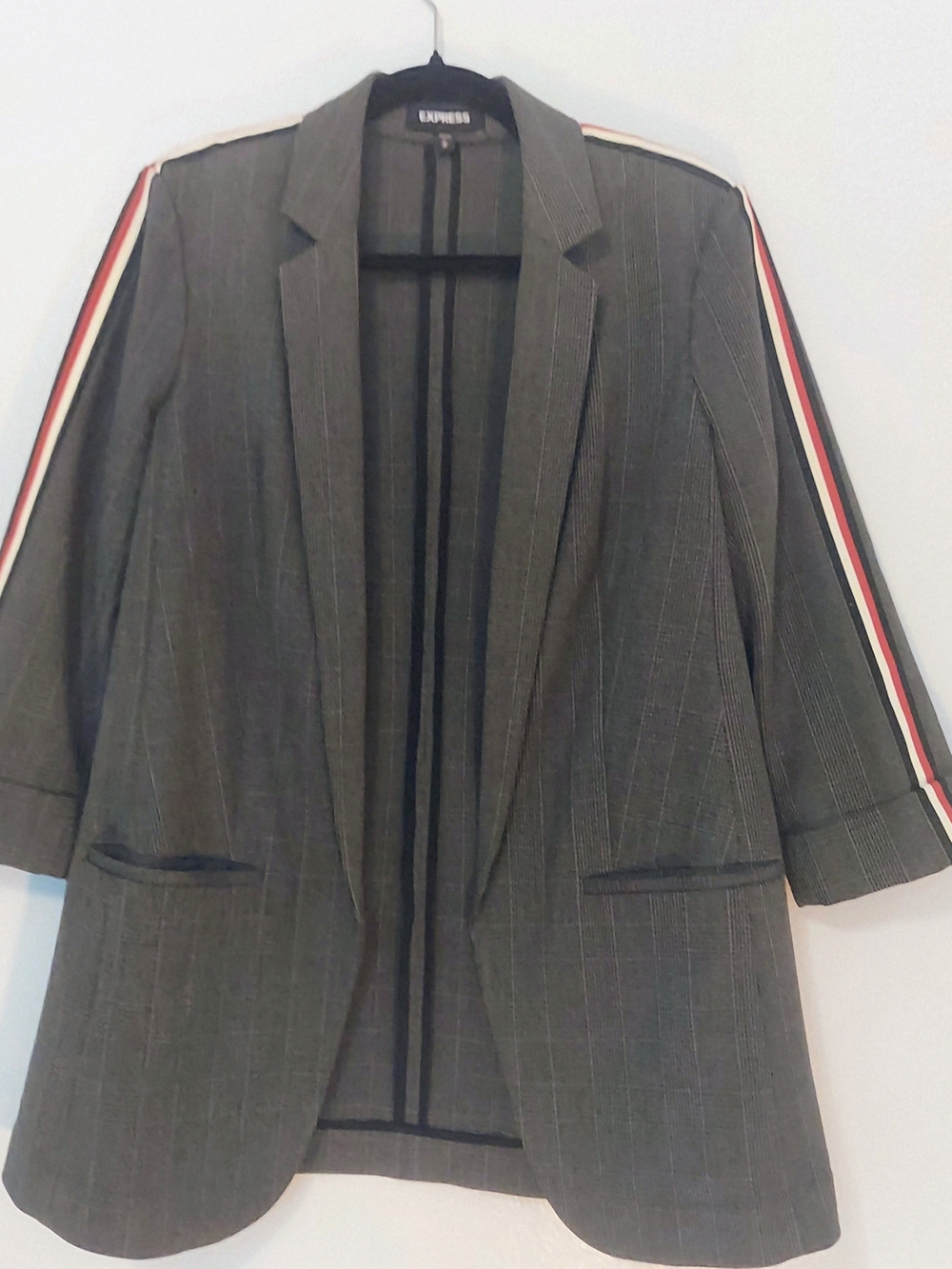 Express Women's Black And Gray Plaid Blazer with Contrast Sleeve Stripe Size M